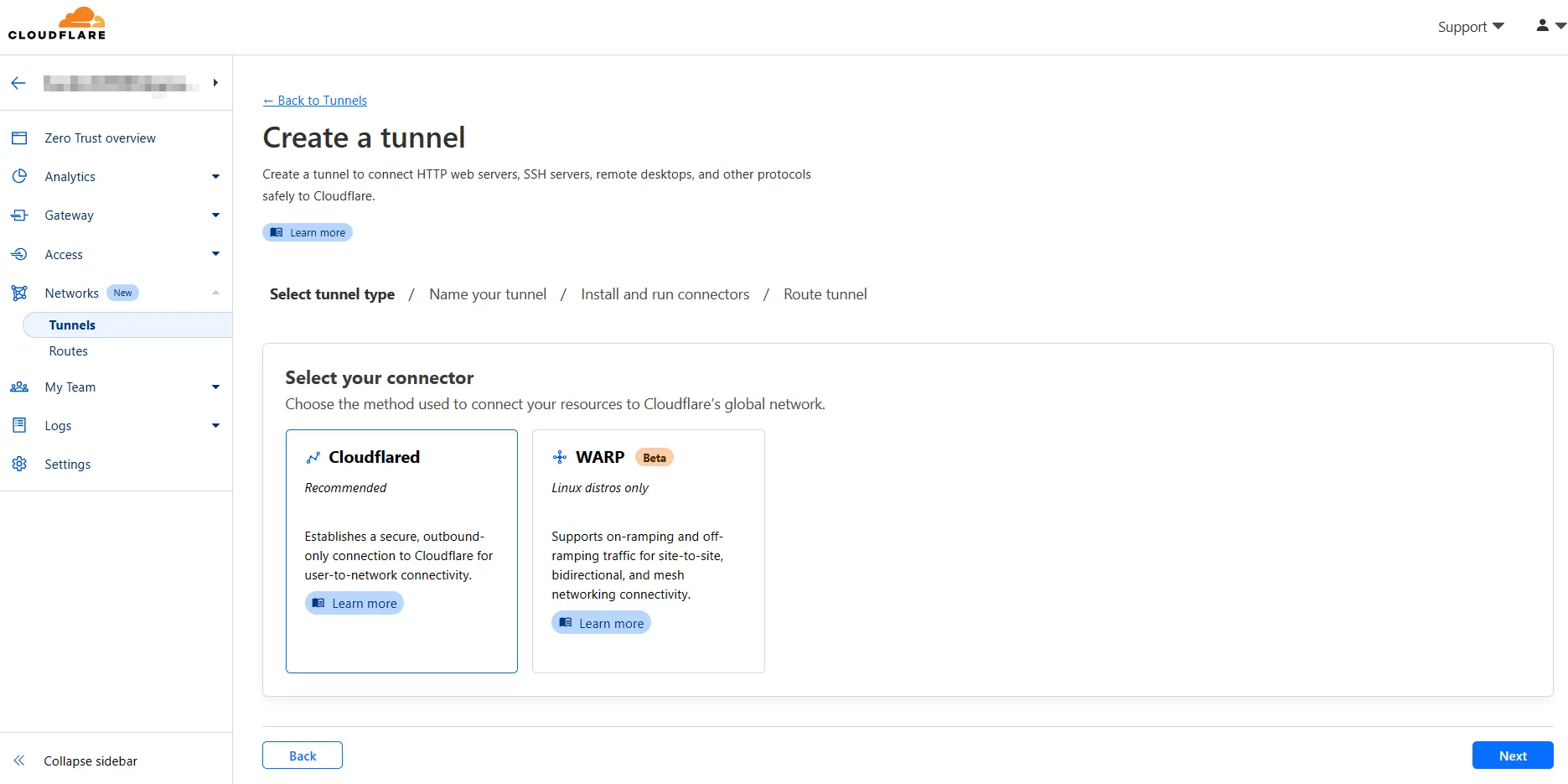 Create a tunnel from Cloudflare